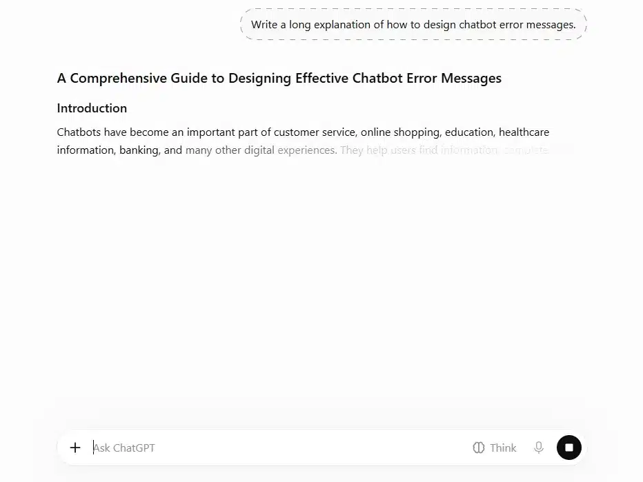 ChatGPT answer streaming in with a square stop button in place of the send button