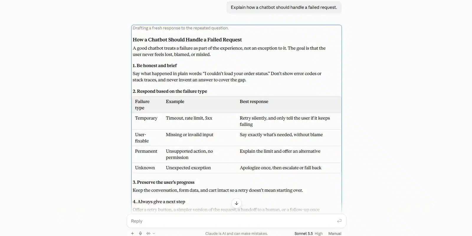 Claude user message with timestamp, retry, edit and copy controls shown on hover
