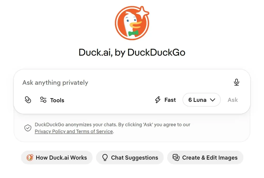 Duck.ai first screen with a message box, text-labeled Tools and Fast controls, and unlabeled paperclip and microphone icons