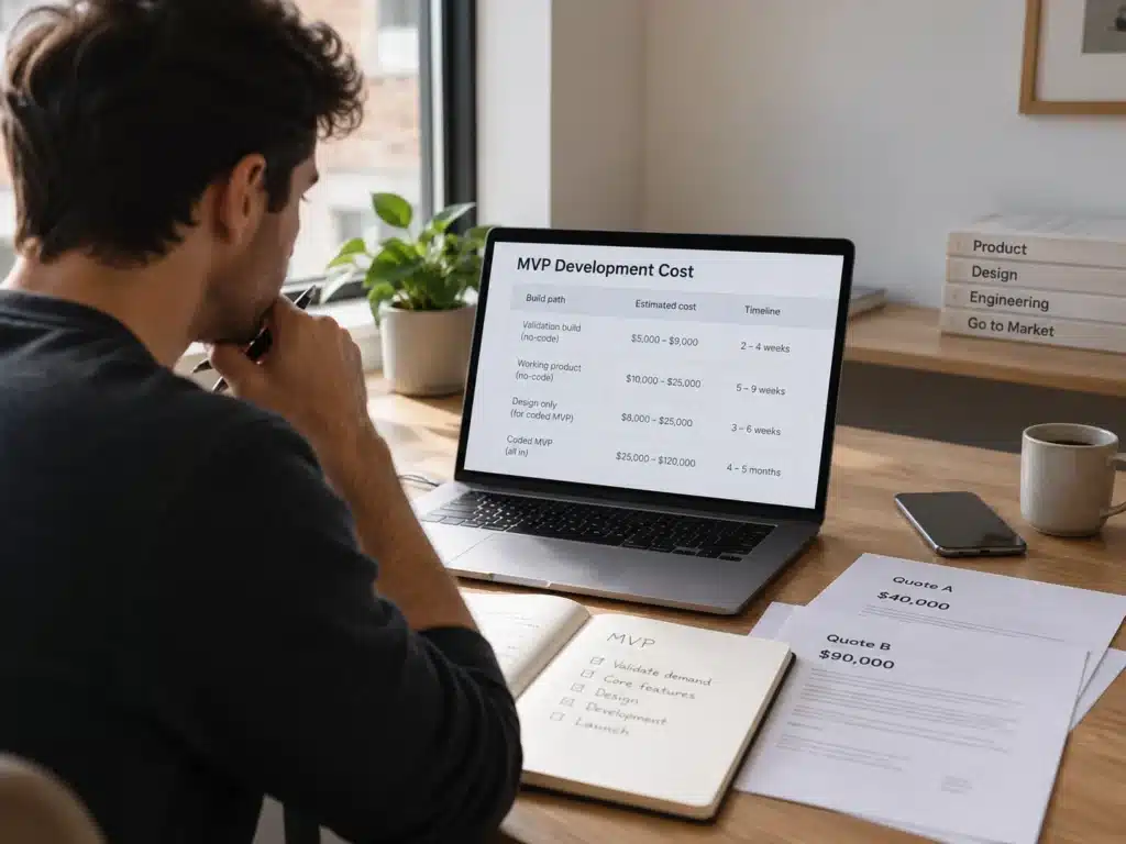 Founder reviewing MVP development cost quotes and a budget spreadsheet at a desk