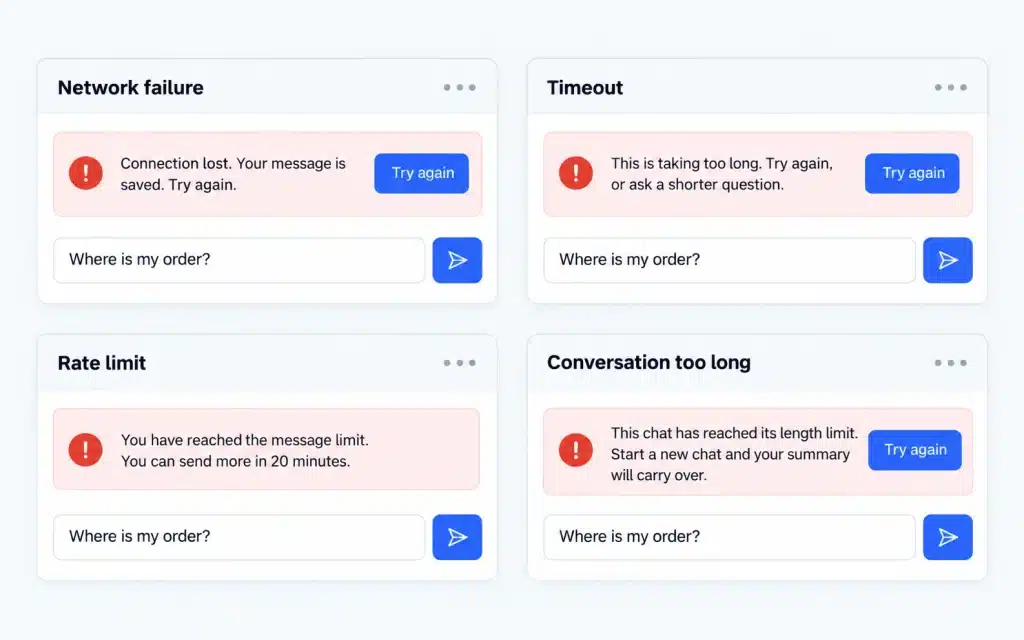 Four error cards for network failure, timeout, rate limit and conversation too long, each with its own message