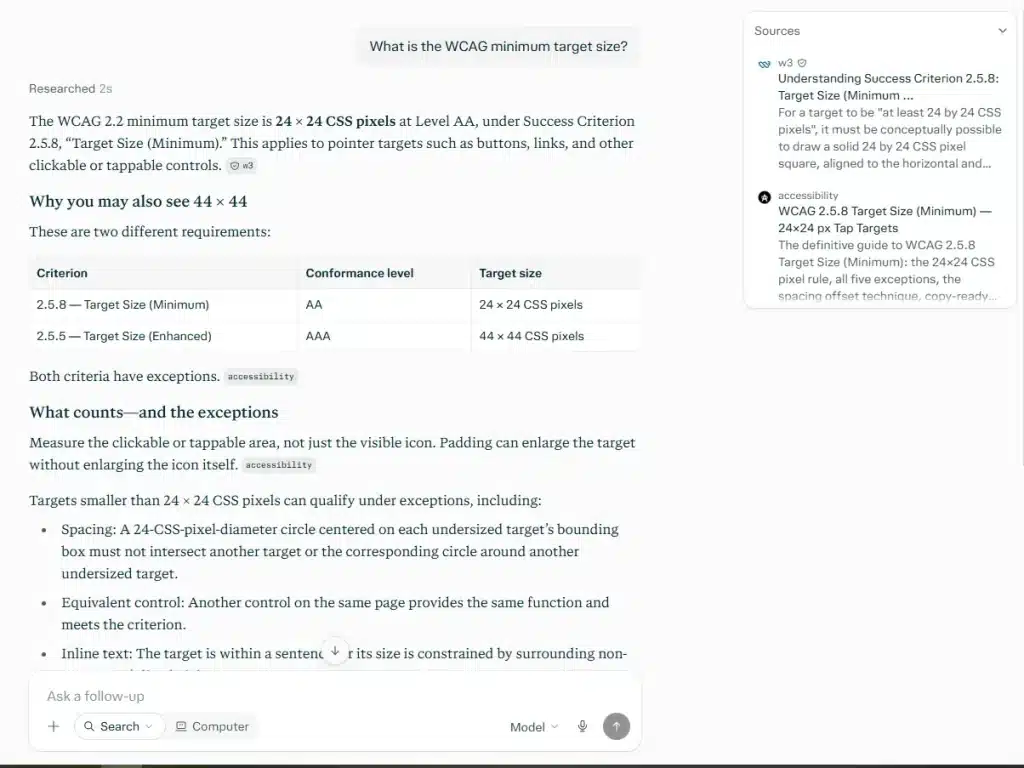 Perplexity answer about WCAG target size with a small source chip at the end of each paragraph and a Sources panel