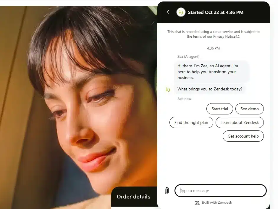 Zendesk AI agent chat widget showing the sender label Zea (AI agent), a greeting and five quick-reply chips